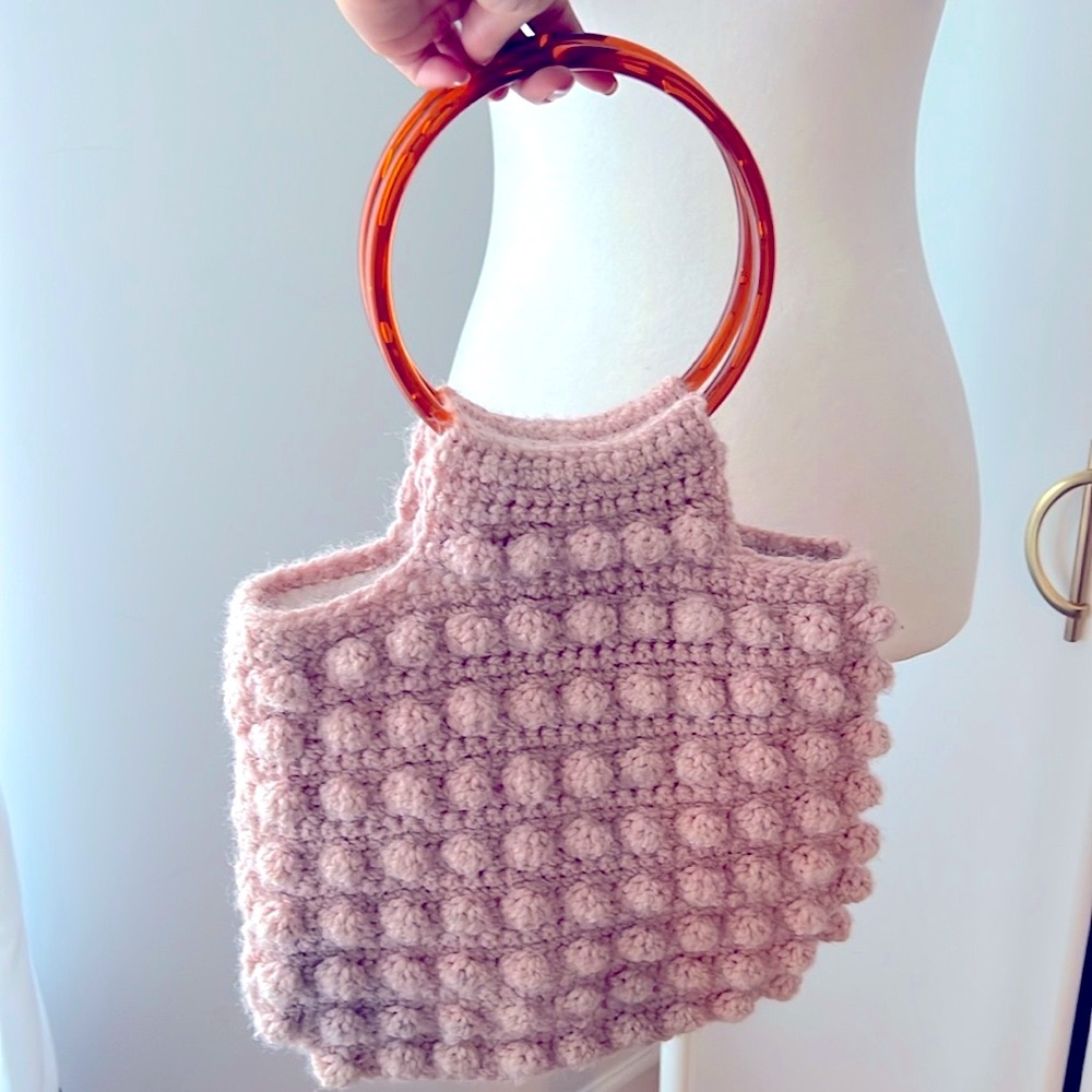 Pink Crochet Handbag with Wooden Handles